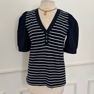 LOFT Navy & White Striped V-Neck Puff Sleeve Top